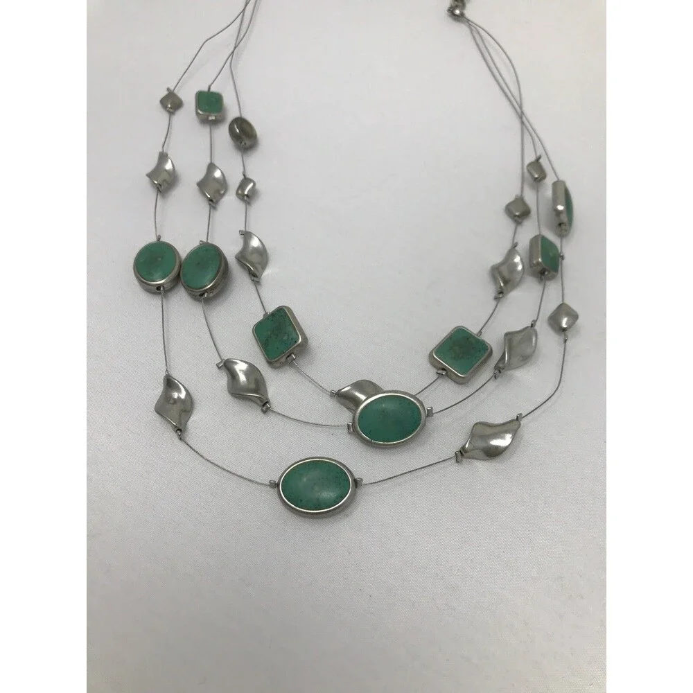 CHICO'S Necklace Greenish Blue Teal Multi Strand Floating Silver Tone